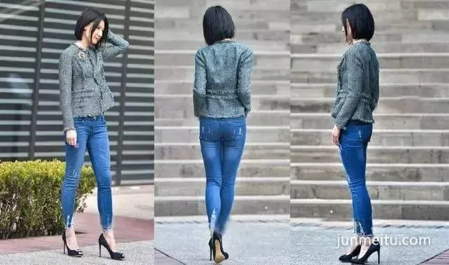 街拍高挑氣質女神的藍色緊身牛仔褲大長腿