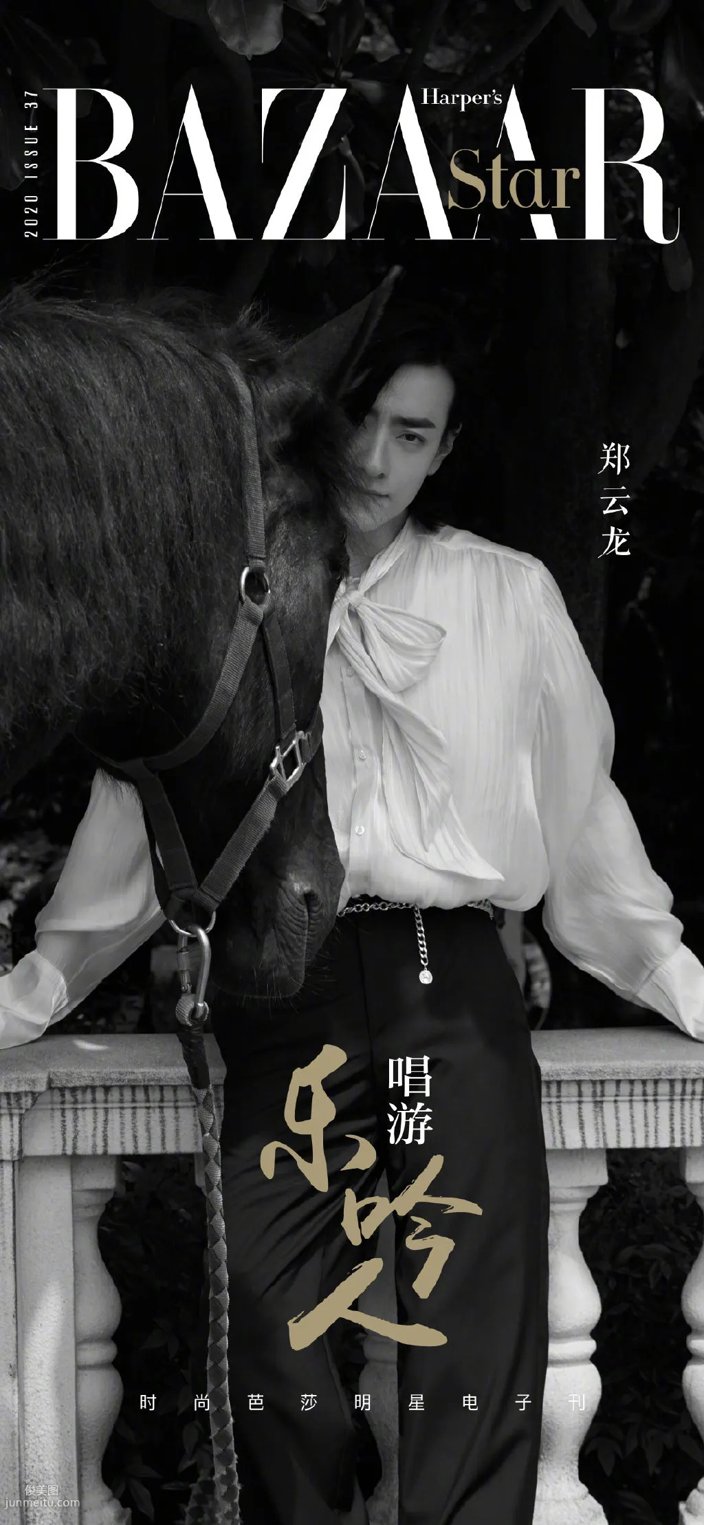 長發帥哥鄭雲龍戶外騎馬黑白寫真 3
